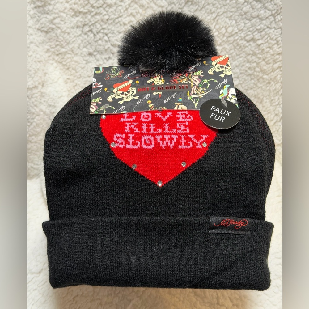 NEW 2-pc set Ed Hardy Unisex Winter Cuff Beanie Hat & BLACK Tiger Roses One Size